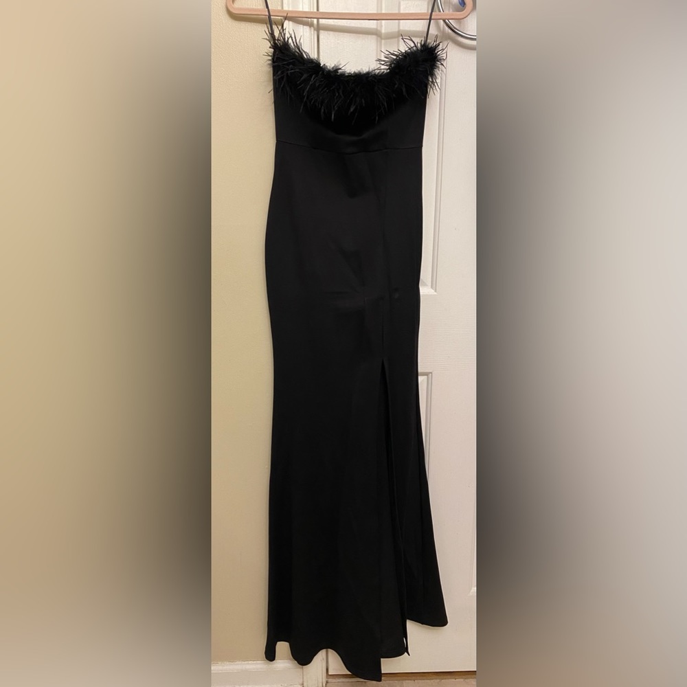 Fashion Nova Strapless Black Gown with slit size XS